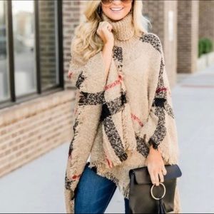 Tan/camel plaid poncho turtleneck cape